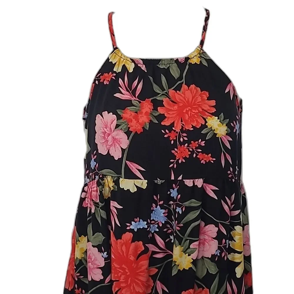 Old Navy Halter Sundress Spaghetti Strap Floral Print Tea Length Ruffle Dress